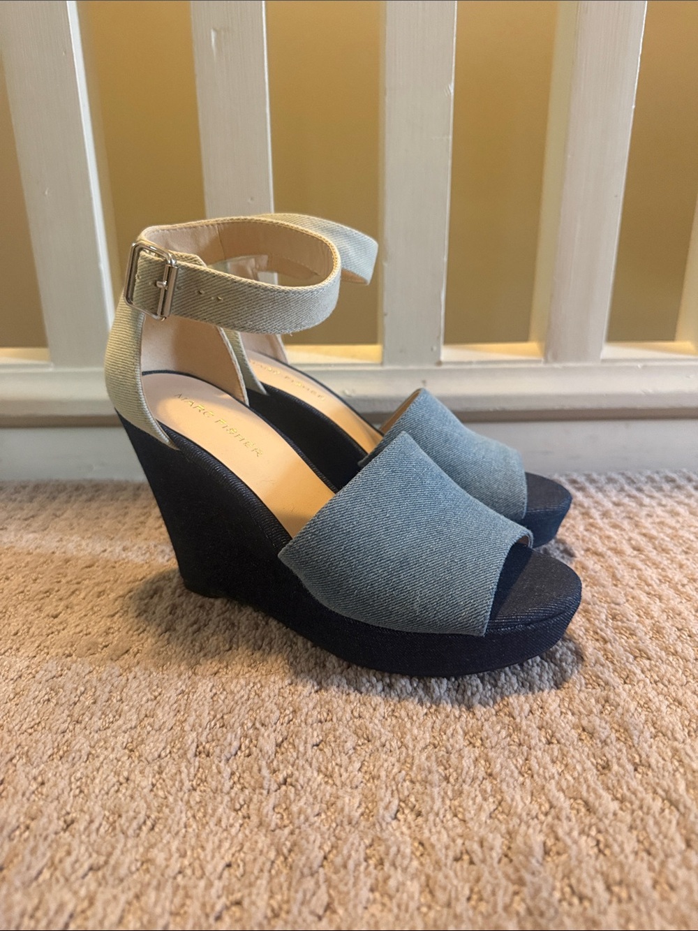 Marc Fisher Denim Blue and Black Wedge Sandals with Cream Ankle Strap